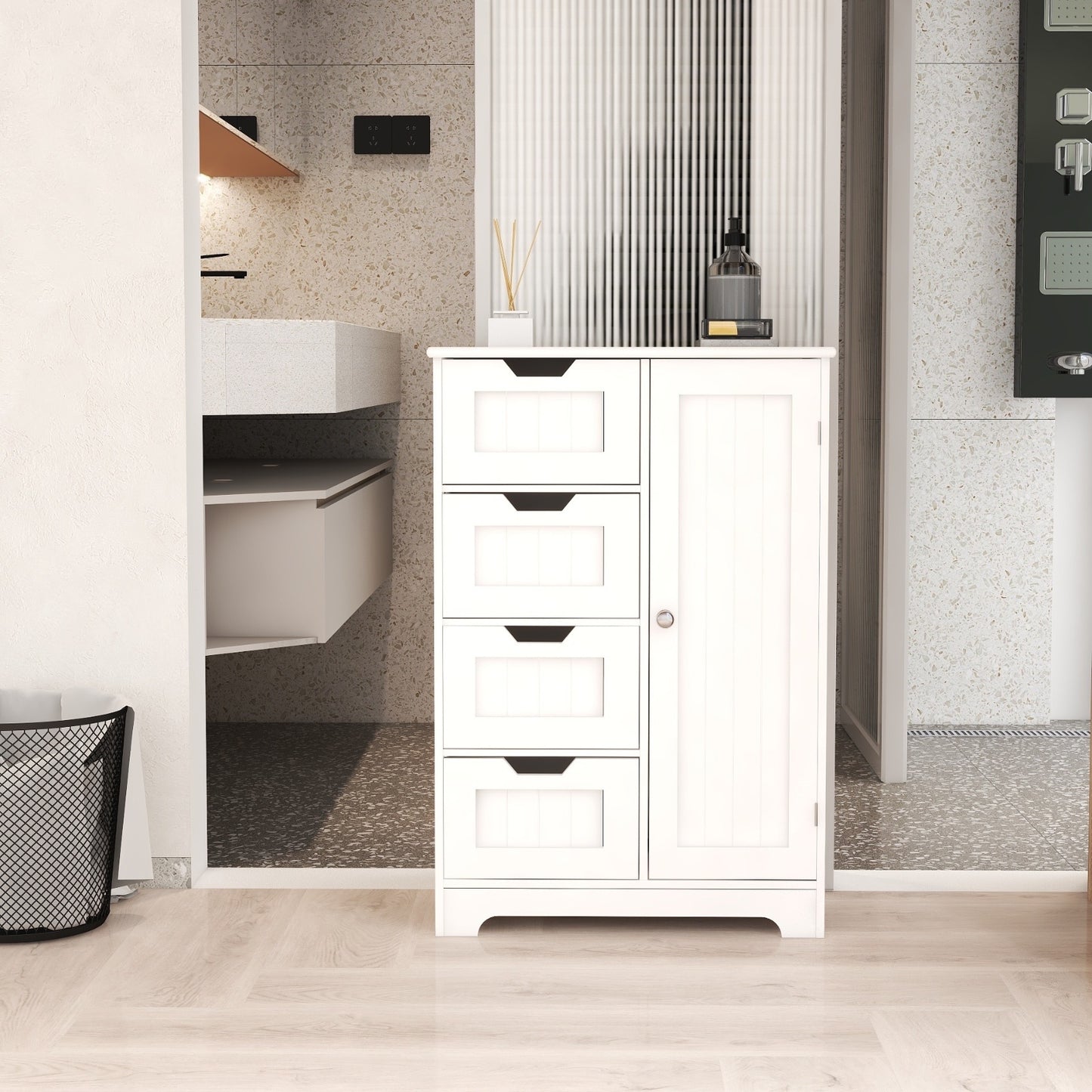 White Freestanding Storage Cabinet With Adjustable Shelves, 4 Drawers, 1 Door Furniture