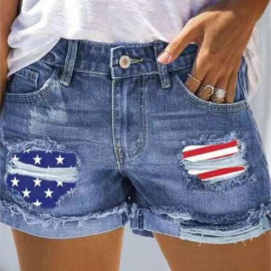 Flag Printed Patch Denim Shorts Apparel / Clothing
