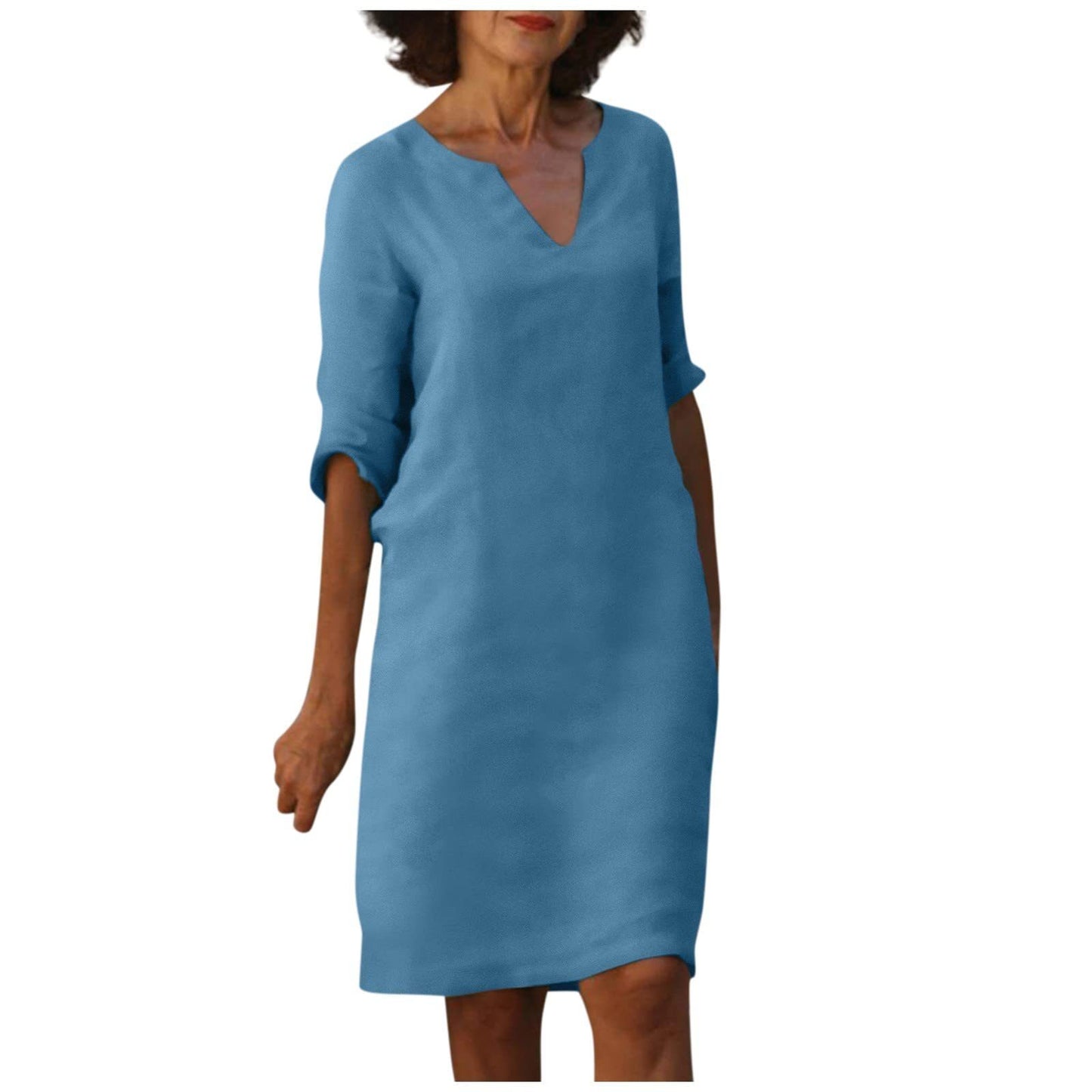 Cotton And Linen V-neck Dress Summer Stitching Retro High Waist Pure Color Dresses Women's Garments Apparel / Clothing