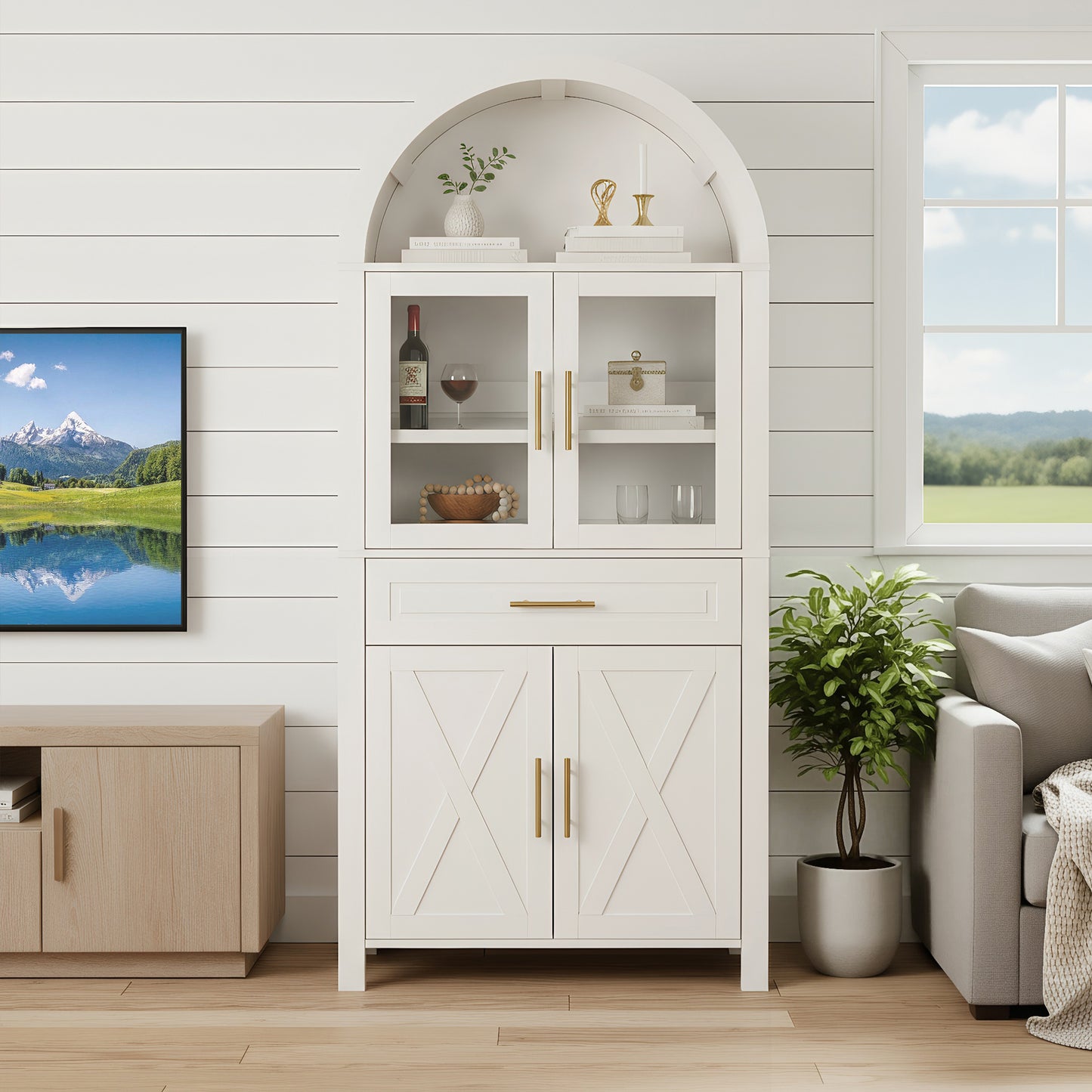 71  Tall Arched Kitchen Pantry Cabinet With Glass Door, Farmhouse Storage Pantry Cabinet With Adjustable Shelves & Barn Door Design For Kitchen, Living & Dining Room, White Furniture