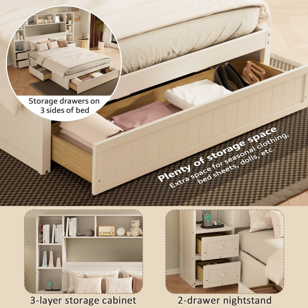 Queen Size Pine Wood Platform Bed With All-In-One 2 Nightstand, Storage Shelf And Cabinet Bookcase With 2 Charging Stations, Multi-Functional Captain Bed Frame With 3 Drawers, No Box Spring Needed Furniture