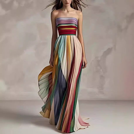 Women's Sexy Tube Top Backless Printed Color Swing Maxi Dress Women's Garments Apparel / Clothing