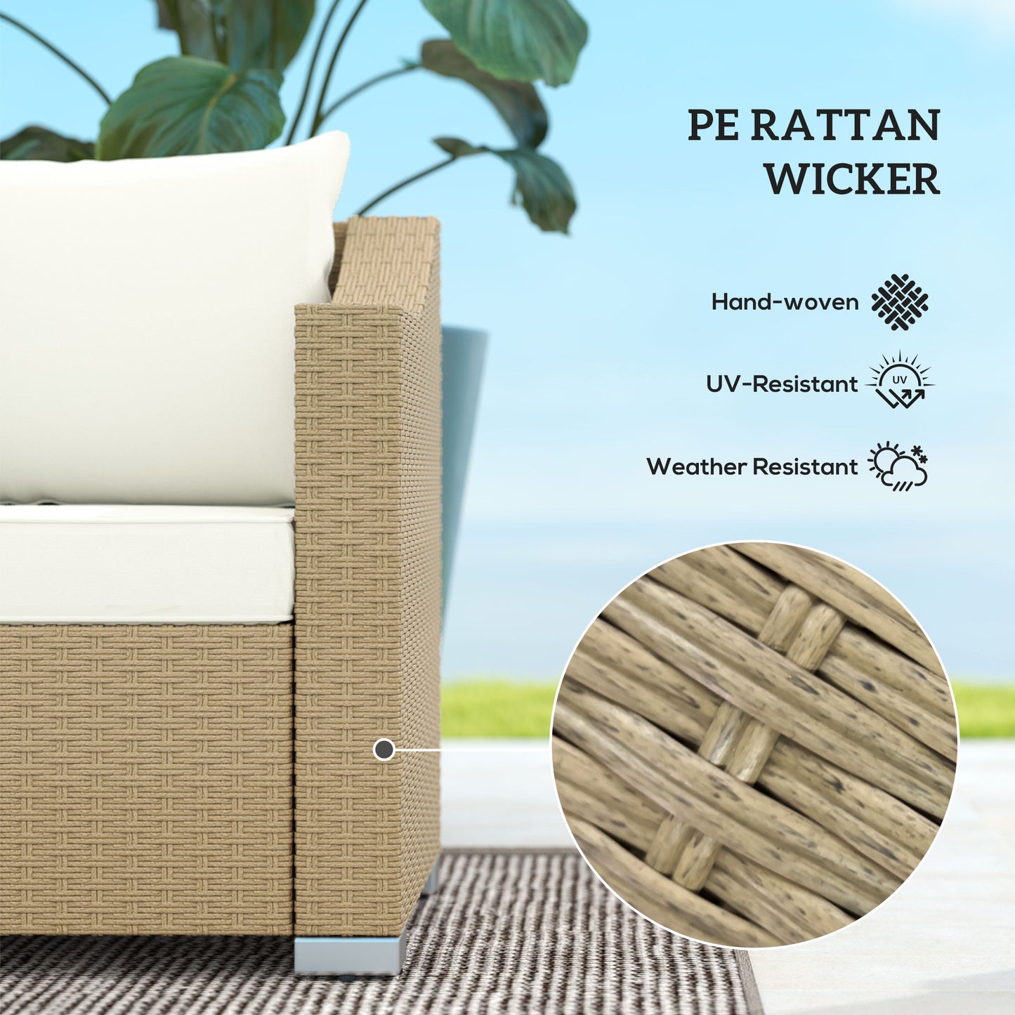 Rattan Wicker 3 Seater Patio Couch With Cushions, 2 Throw Pillows, Rattan Sofa, Cream White Outdoor Garden Patio Furniture