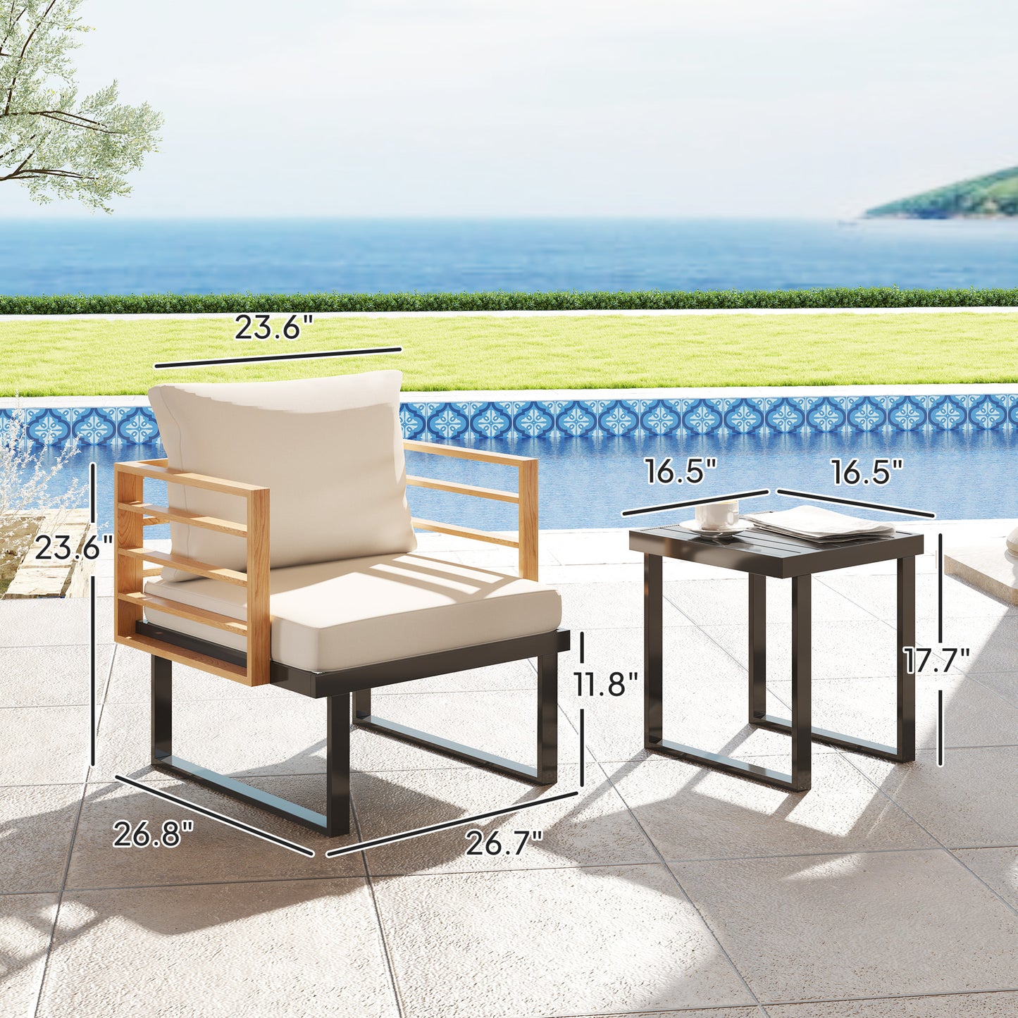 3 Piece Metal Bistro Set, Small Set With Cushions, Armchairs, Slatted Table For Backyard Balcony, Beige Outdoor Garden Patio Furniture