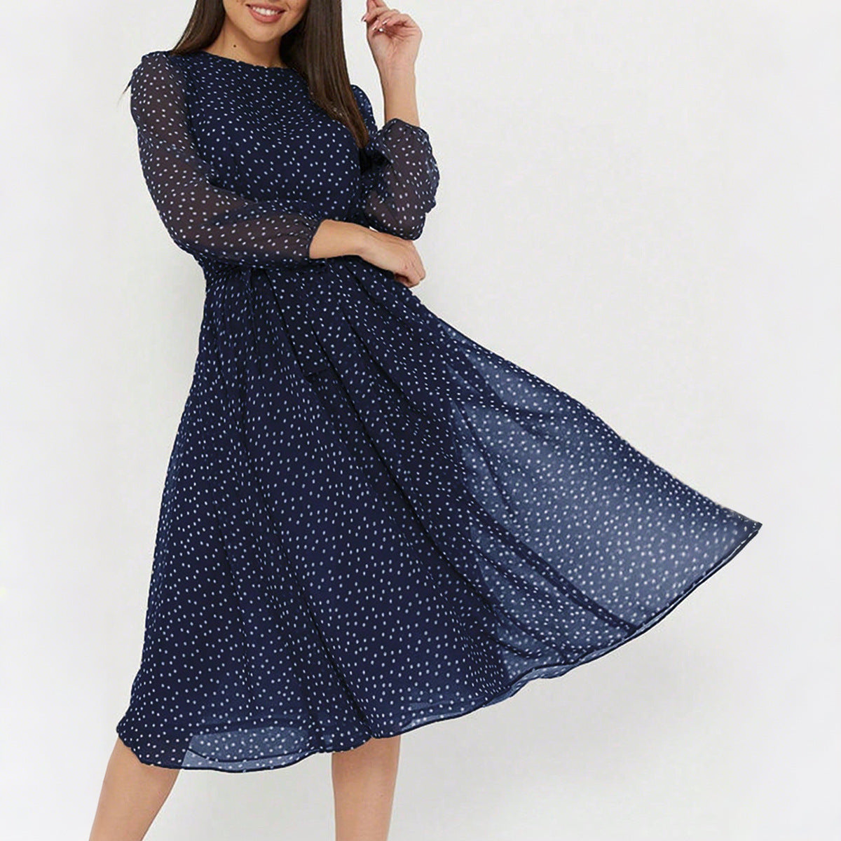 European And American Leisure Vacation Style Polka Dot Long Sleeve Maxi Dress Women's Garments Apparel / Clothing