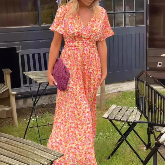 Printed Waist-controlled V-neck Dress Women's Garments Apparel / Clothing