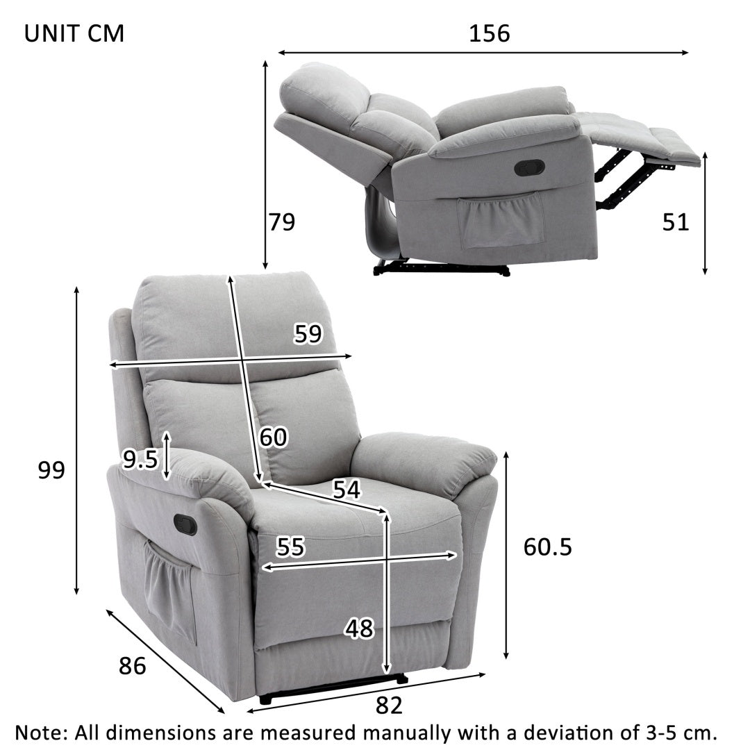 Recliner Chair For The Elderly, Fabric Upholstered Chair With Side Pockets, Recliner Armchair Adjustable For Living Room Bedroom,Gray Furniture