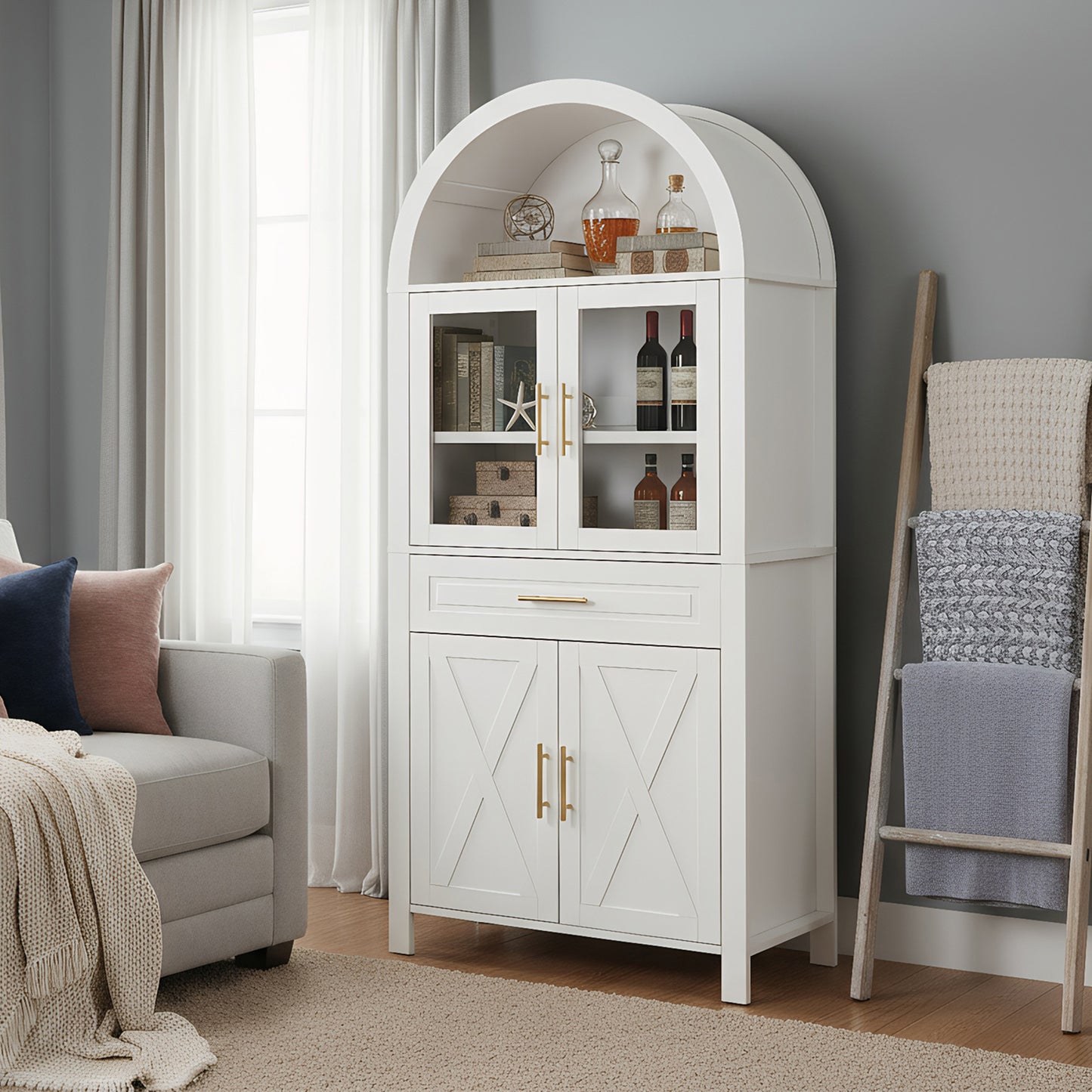 71  Tall Arched Kitchen Pantry Cabinet With Glass Door, Farmhouse Storage Pantry Cabinet With Adjustable Shelves & Barn Door Design For Kitchen, Living & Dining Room, White Furniture