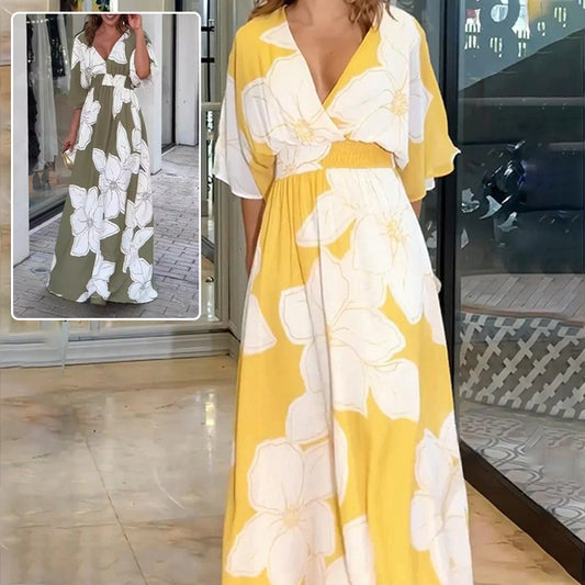 Flower Printed V-neck Batwing-sleeved Dress Fashion Elegant Backless Long Dresses Women's Garments Apparel / Clothing