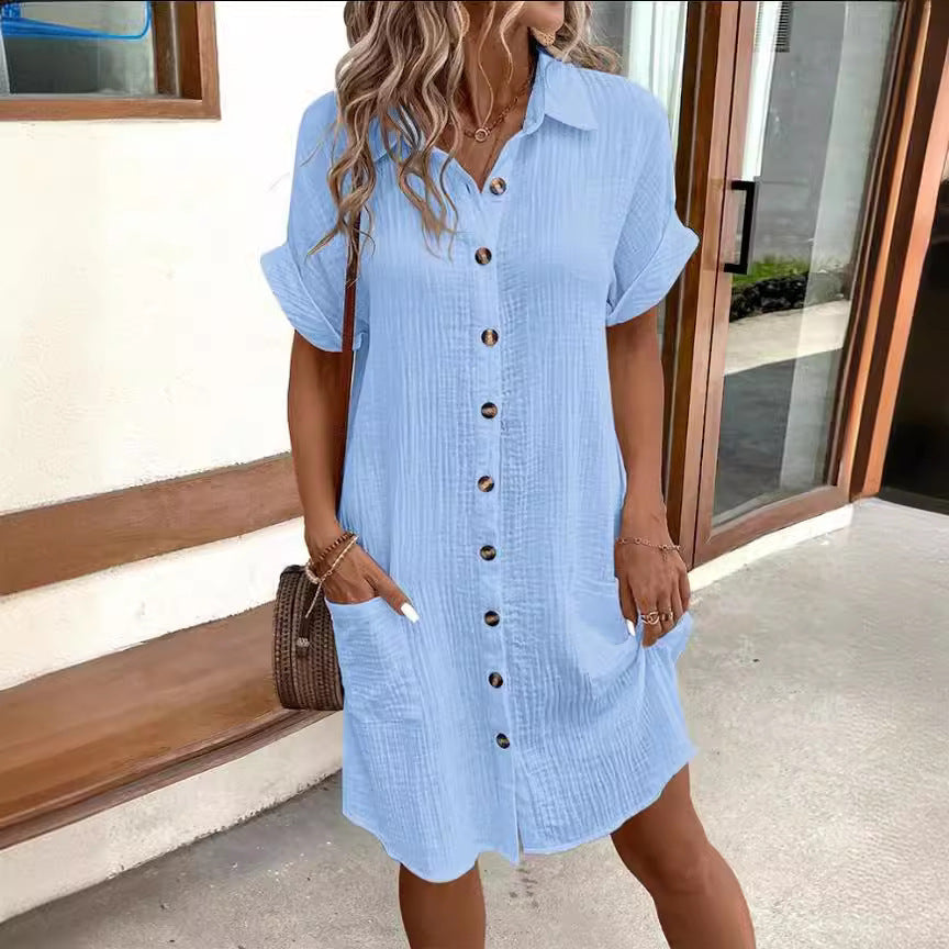 Summer Short Sleeve Shirt Dress Fashion Solid Color Single-breasted Mid-length Loose Dress Women's Garments Apparel / Clothing