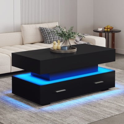 Hydraulic Lift Top Coffee Table, LED Coffee Tables With Storage For Living Room, Coffee Table With 2 Drawers & LED Light For Dining Reception Room, Black Furniture