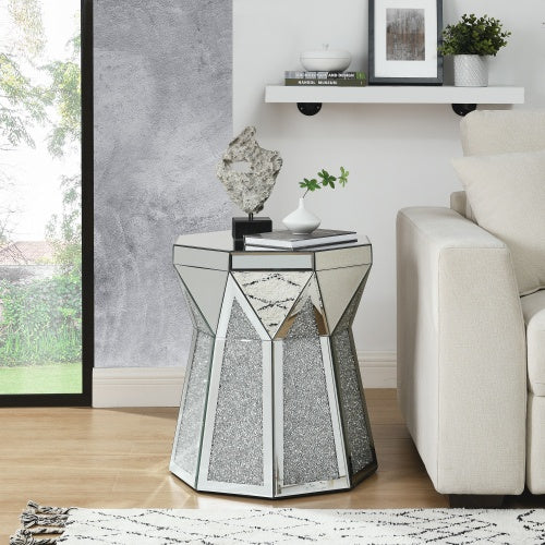Drum Style Coffee Table With Mirror Crystal Inlay, Polygonal Silver Decorative Table, Modern Design Luxury Modern Furniture, 20 Inch  About 50 Centimeters  Low Coffee Table, Suitable For Living Room Furniture