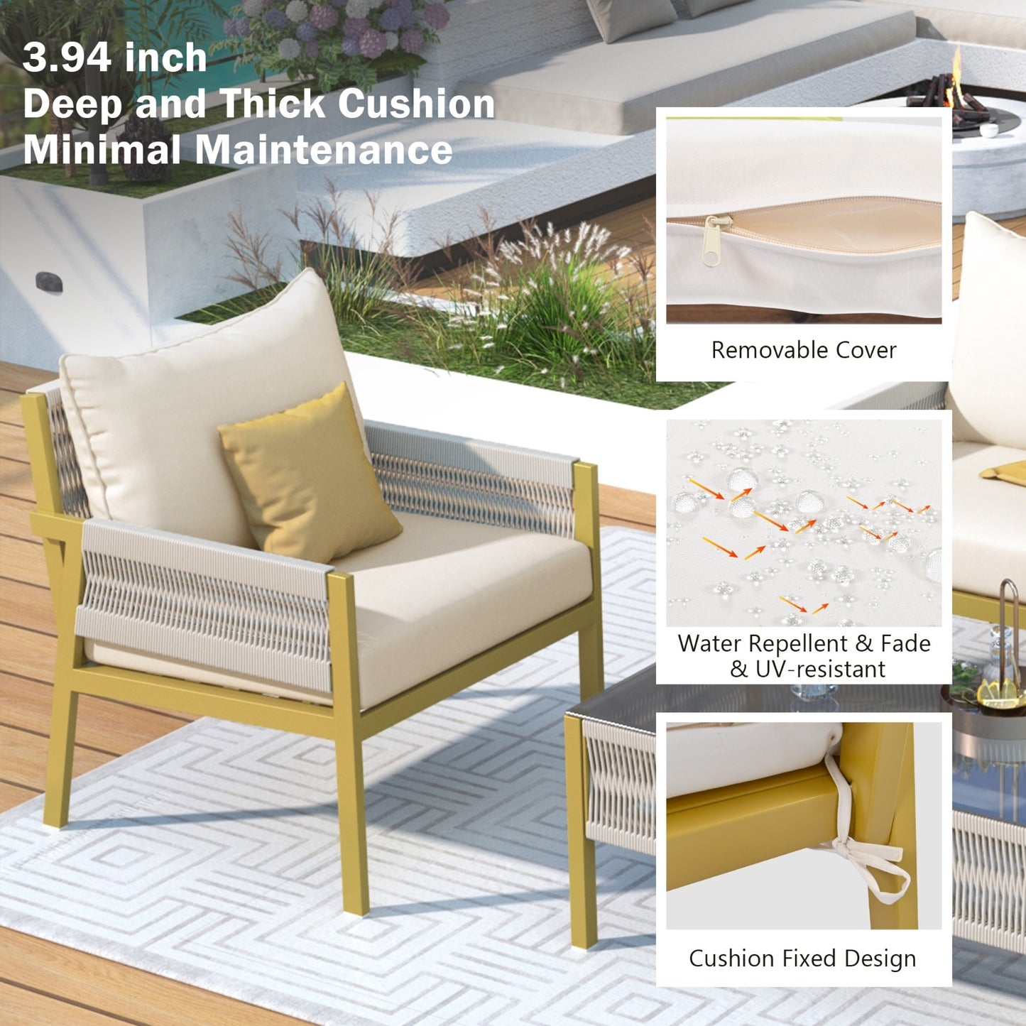 K&K 4-Piece Rope Patio Furniture Set, Outdoor Furniture With Tempered Glass Table, Patio Conversatio