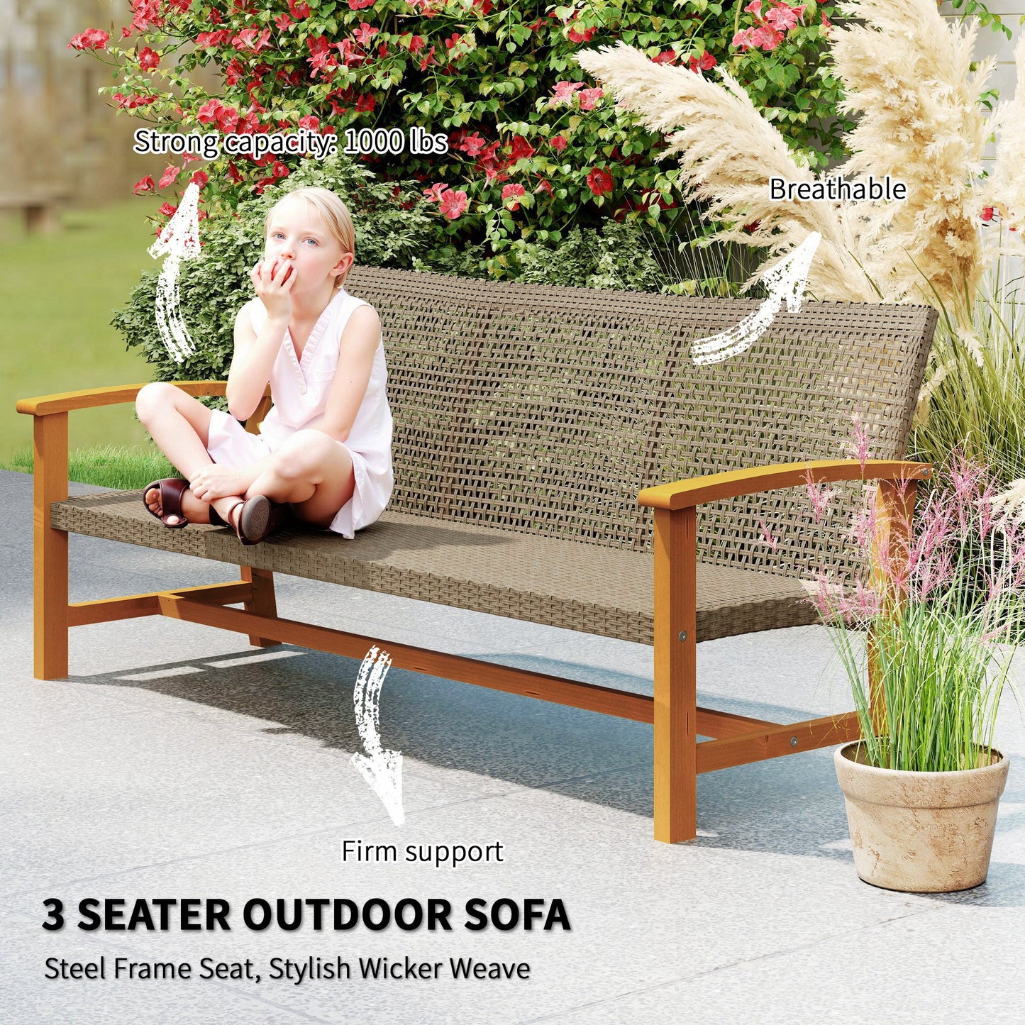 3-Seat Wicker Outdoor Couch Patio Sofa, Acacia Wood With Steel Seat Armrests, Capacity, Teak Outdoor Garden Patio Furniture