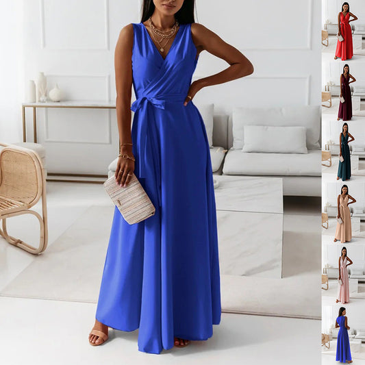 V-neck Sleeveless Dress With Belt Summer Fashion Party Club Evening Maxi Dresses For Women's Garments Apparel / Clothing