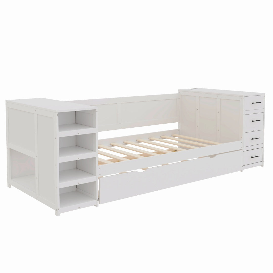 White Wooden Twin Size Daybed With Trundle And Side Shelves, Drawers, Storage Bed With Multi-Functional Desk And Charging Station For Bedroom, Guest Room Furniture