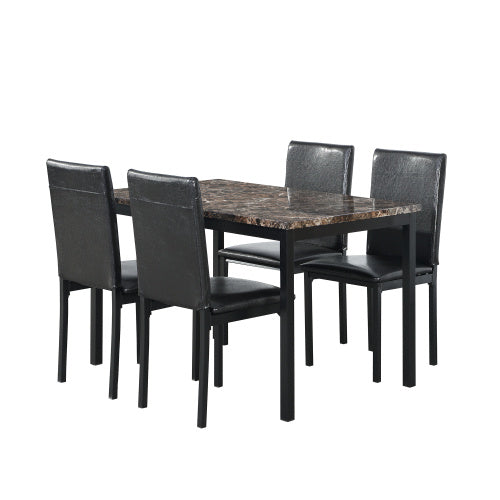 Furniture 5-piece Metal Dining Table And Chair Set With Imitation Marble Top - Black, Dining Room Set, Table And 4 Chairs