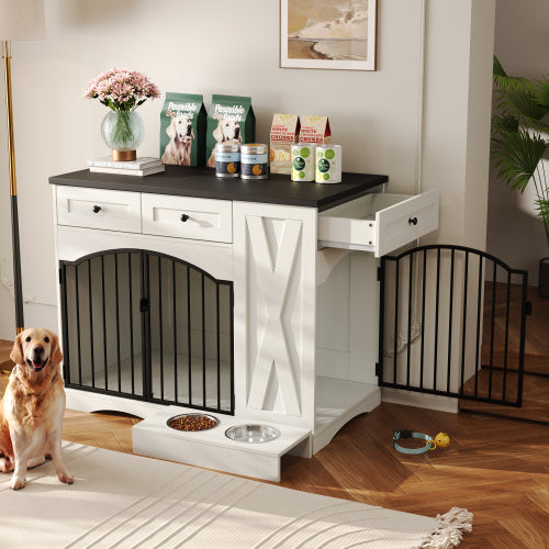 Cage pour chien GO 43.3 Farmhouse, cage robuste à 3 tiroirs, niche d'intérieur en bois avec mangeoire amovible, table d'appoint pour chiens de taille moyenne et grande, blanche