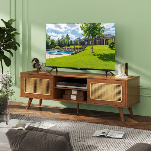 Meuble TV et meuble de divertissement en rotin moderne du milieu du siècle