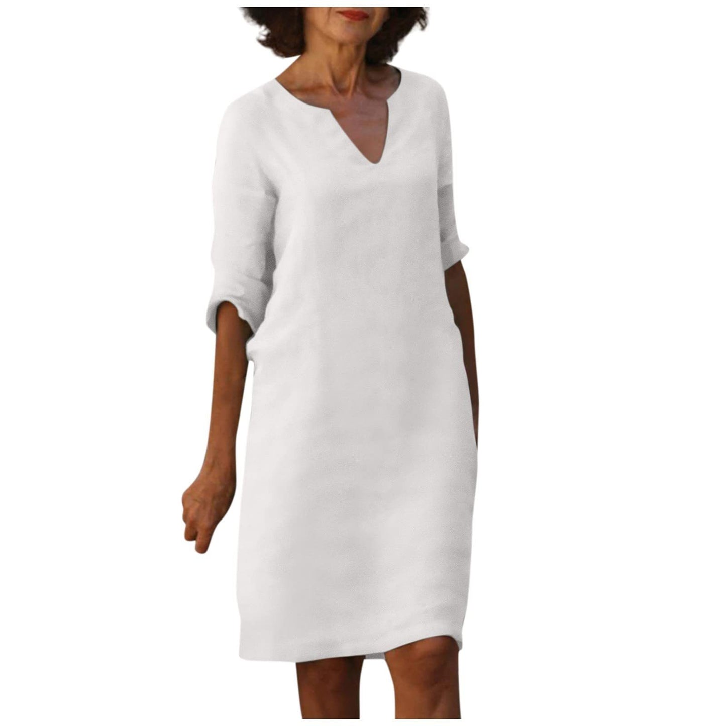 Cotton And Linen V-neck Dress Summer Stitching Retro High Waist Pure Color Dresses Women's Garments Apparel / Clothing