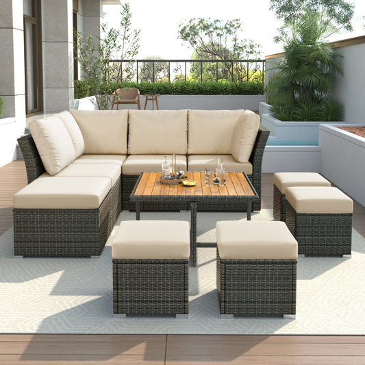 Ensemble de meubles de patio U STYLE 10 pièces, ensemble de conversation d'extérieur, table basse avec poufs, bois massif