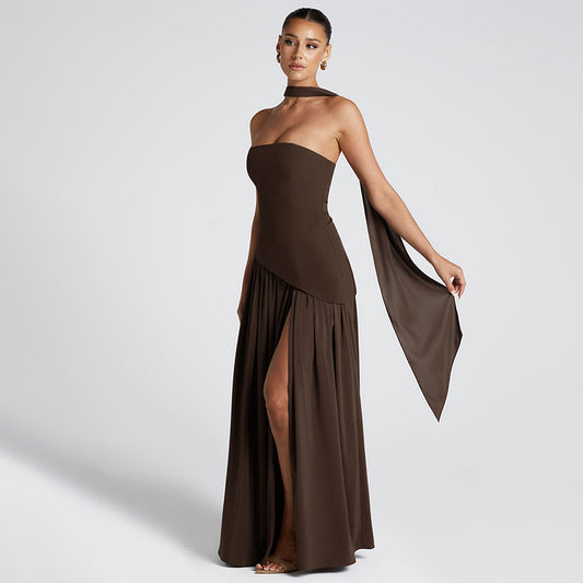 Pure Color Split Backless Elegant Streamer Dress Women's Garments Apparel / Clothing