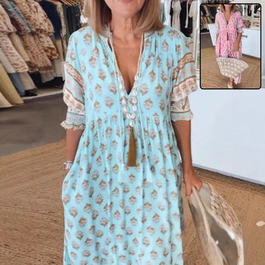 Summer Bohemian Print Lantern-Sleeved Dress Fashion Loose V-Neck Ruffle Long Dress Beach Clothing For Women's Garments Apparel / Clothing