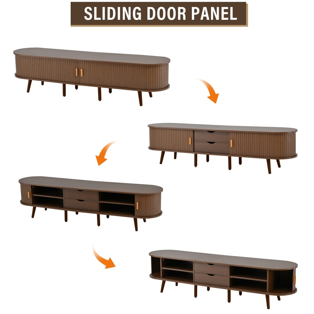 TV Stand With 2 Drawer 2 Sliding Doors 2  Tier Storage Shelf,Oval TV Cabinet Storage Sideboard With Rounded Corners For Livingroom Bedroom,175X40X42cm,Dark Oak,MDF,weight Capacity 30kg,for 70inch TV Furniture