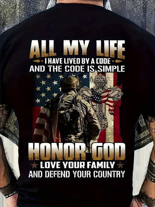 Men'S Patriotic Cycling T-Shirt, Crew Neck Short Sleeve Tee With American Flag & Soldier Print, Casual All-Season Knit Top Apparel / Clothing