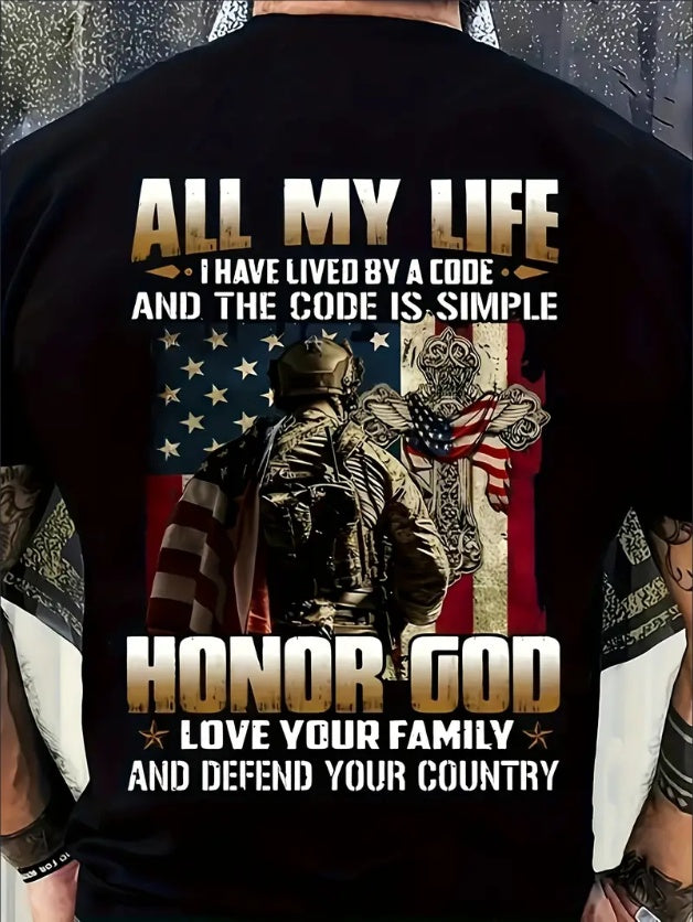 Men'S Patriotic Cycling T-Shirt, Crew Neck Short Sleeve Tee With American Flag & Soldier Print, Casual All-Season Knit Top