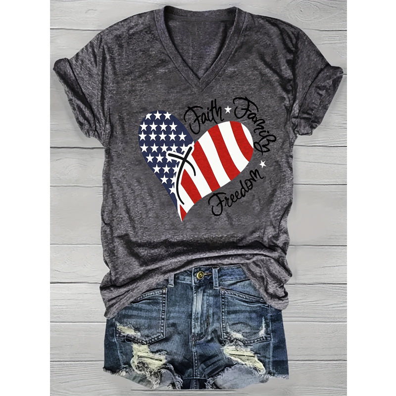 Women's V-Neck T-Shirt American Flag Heart Design Casual Short Sleeve Summer Top