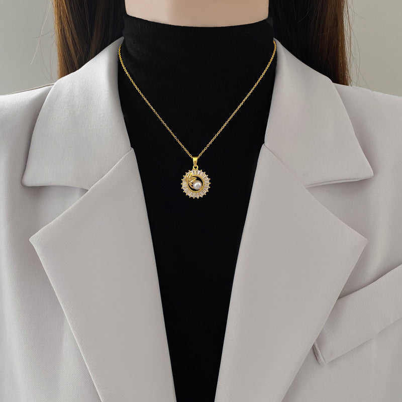 Fashion Jewelry Square Full Diamond Personalized Round Ring Leaves Necklace And Earrings Suite Jewelry / Accessories