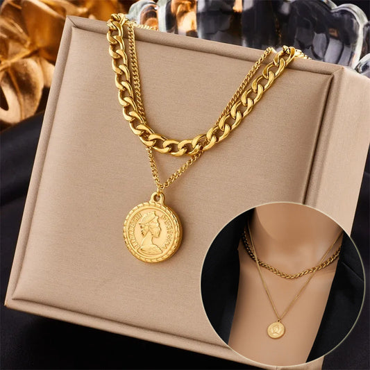 Collier avec pendentif en forme de pièce de monnaie géométrique pour femme, nouveau bijou ras du cou multicouche, cadeau tendance
