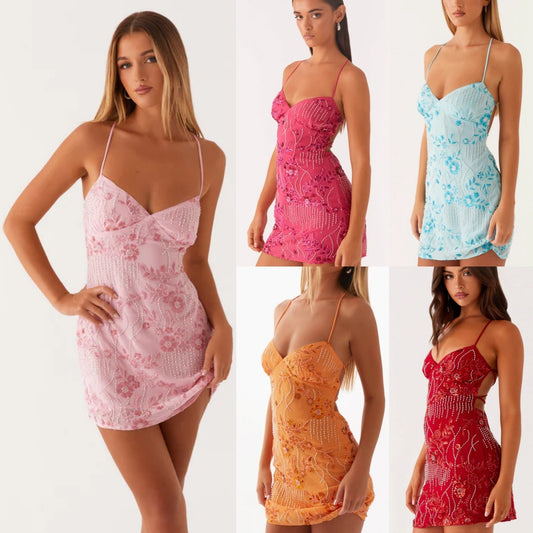 Women's Sequined Embroidered Backless Sling Dress Women's Garments Apparel / Clothing