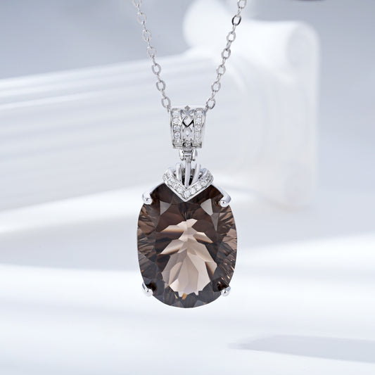 Luxury And High-grade Natural Tea Crystal Pendant Fashionable Design S925 Silver Inlaid Egg Shaped Gem Necklace Jewelry/Accessories