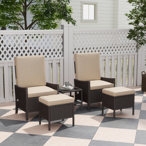Outsunny 5 Piece Rattan Garden Furniture Set, Wicker Patio Sofa Set With 2 Armchairs, 2 Footstools, Glass Top Coffee Table With Shelf, Outdoor Furniture With Adjustable Backrests, Cushions, Khaki Outdoor Garden Patio Furniture