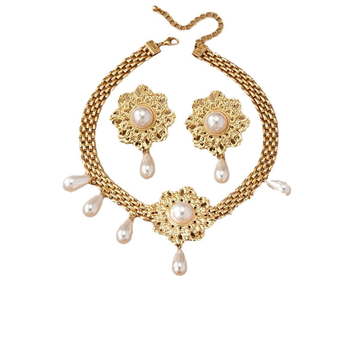 French Retro Hollow Flower Pearl Tassel Necklace Ear Stud Ring Jewelry & Accessories