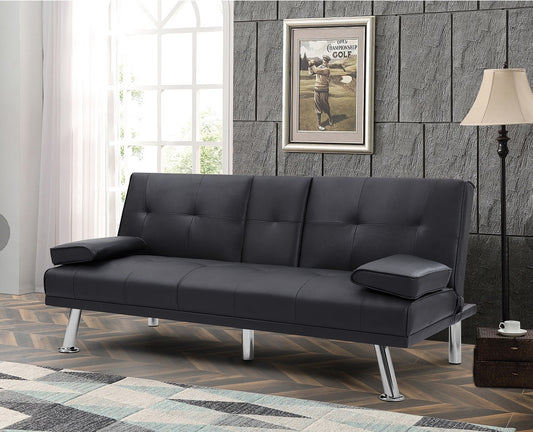 Black PU 66inch Sleeper Sofa,2-seat Sofa With Cup Holder, Folding Sofa Bed, Accompany Two Head Pillows Furniture