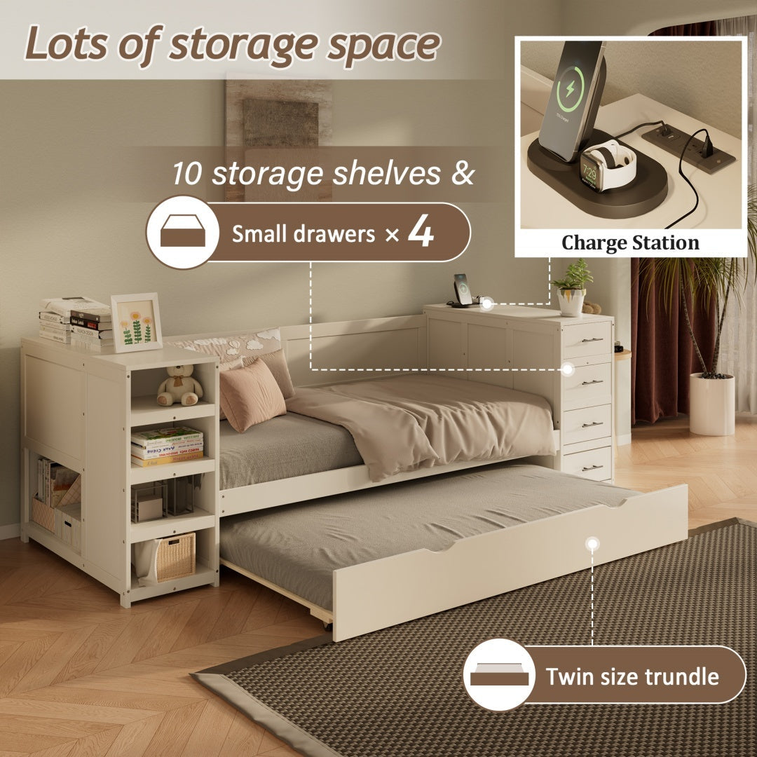 White Wooden Twin Size Daybed With Trundle And Side Shelves, Drawers, Storage Bed With Multi-Functional Desk And Charging Station For Bedroom, Guest Room Furniture