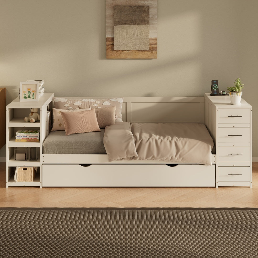White Wooden Twin Size Daybed With Trundle And Side Shelves, Drawers, Storage Bed With Multi-Functional Desk And Charging Station For Bedroom, Guest Room Furniture