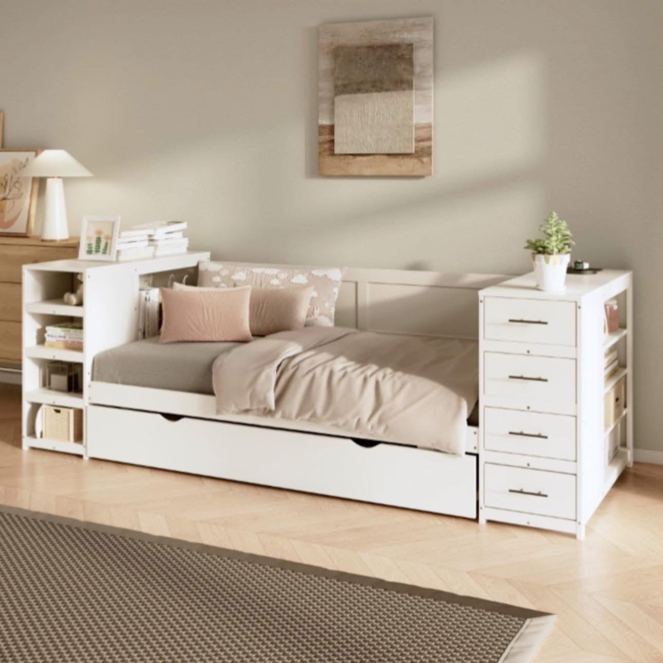 White Wooden Twin Size Daybed With Trundle And Side Shelves, Drawers, Storage Bed With Multi-Functional Desk And Charging Station For Bedroom, Guest Room Furniture