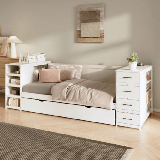 White Wooden Twin Size Daybed With Trundle And Side Shelves, Drawers, Storage Bed With Multi-Functional Desk And Charging Station For Bedroom, Guest Room Furniture