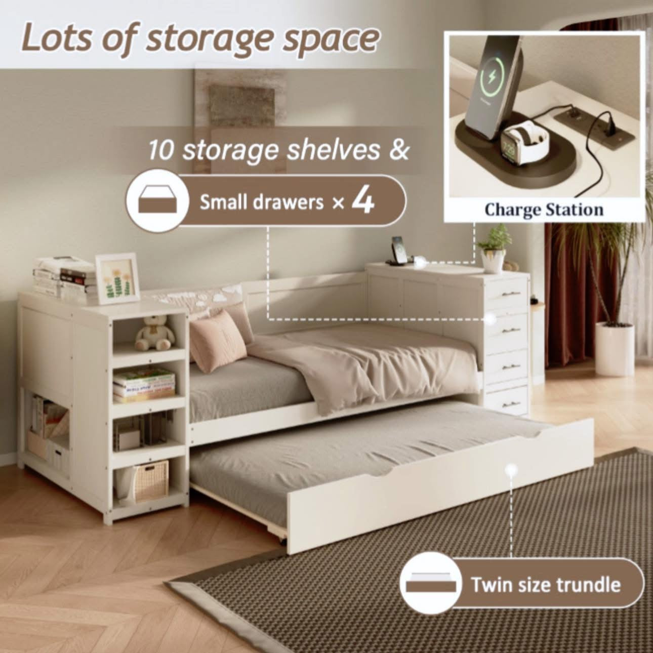 White Wooden Twin Size Daybed With Trundle And Side Shelves, Drawers, Storage Bed With Multi-Functional Desk And Charging Station For Bedroom, Guest Room Furniture