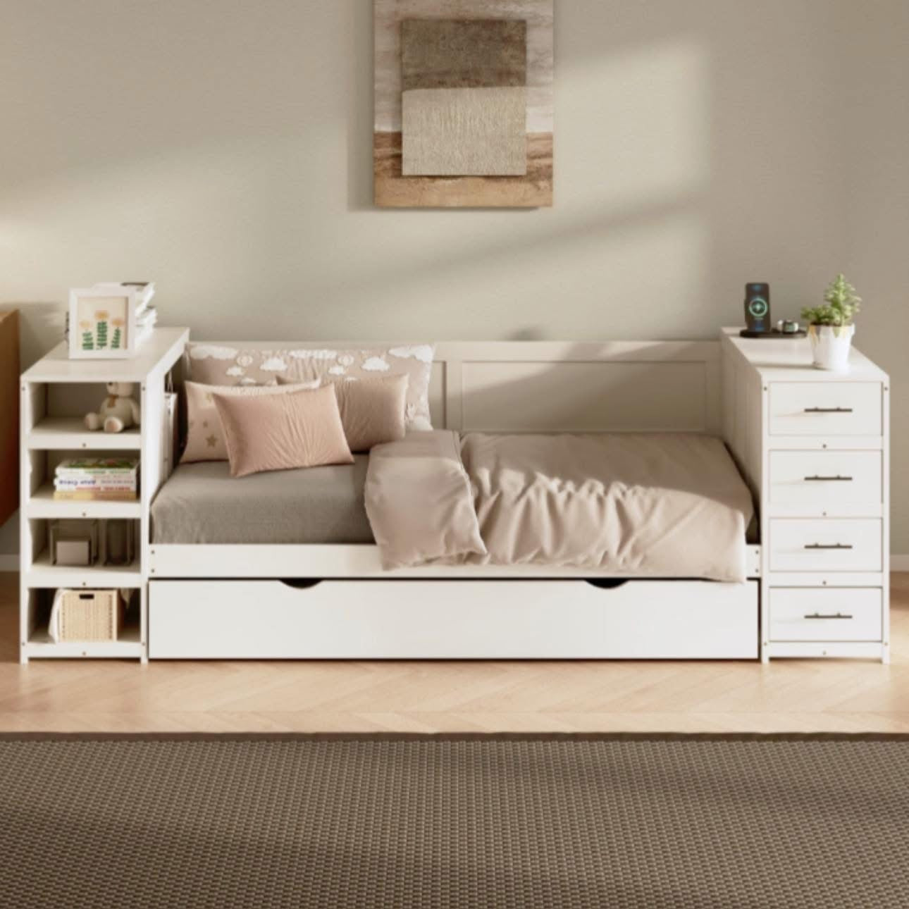 White Wooden Twin Size Daybed With Trundle And Side Shelves, Drawers, Storage Bed With Multi-Functional Desk And Charging Station For Bedroom, Guest Room Furniture