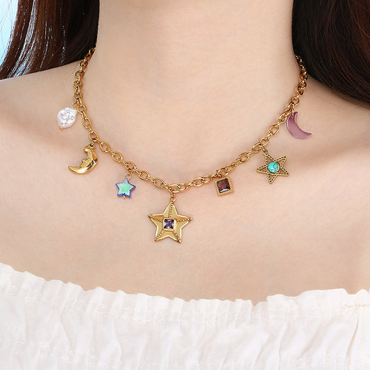 Fashion Personality Star Moon Color Artificial Glass Pearl Stainless Steel Necklace Jewelry/Accessories