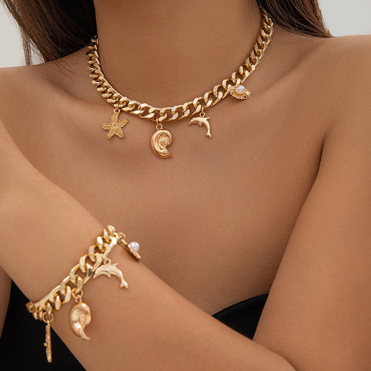 Collier ras du cou créatif style bohème avec pendentif en forme de conque, dauphin et étoile de mer, bracelet tendance vintage pour femme, chaîne à pompon, bijoux grunge