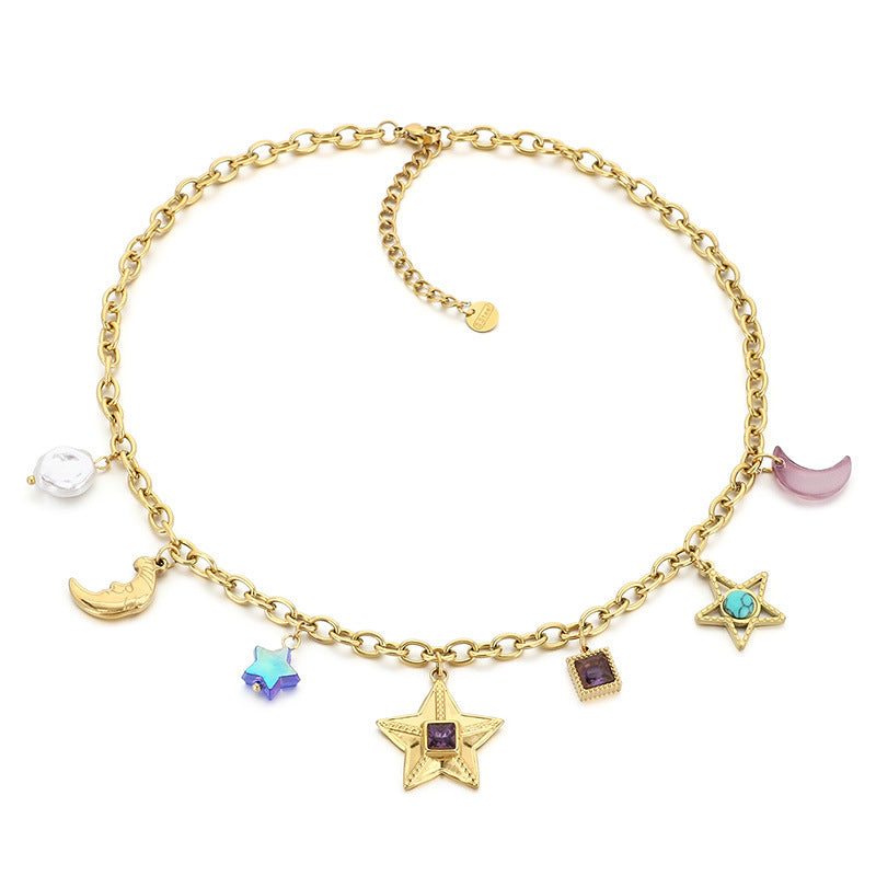 Fashion Personality Star Moon Color Artificial Glass Pearl Stainless Steel Necklace Jewelry/Accessories