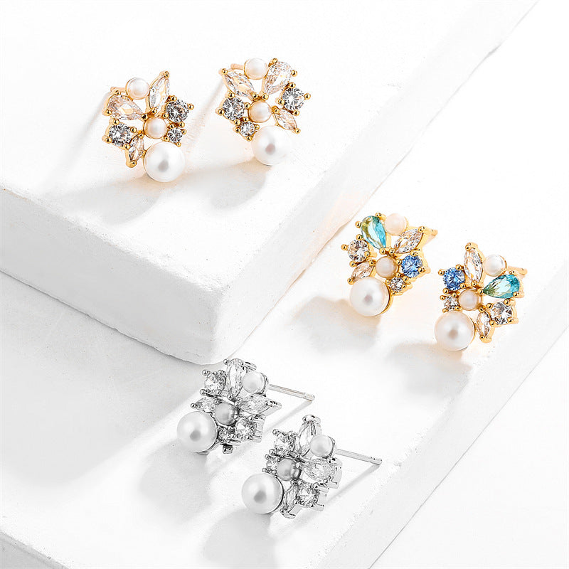 RAKOL French Square Diamond Pearl Stud Earrings