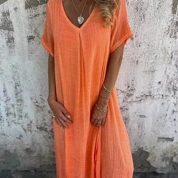 Women's Fashion Temperament Cotton Linen V-neck Semi-formal Dress Women's Garments Apparel / Clothing