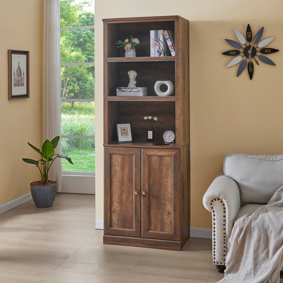 1 Doors Bookshelf With USB Port And 3 Open Shelves Bookcase Side Cabinet Storage Shelves, Rustic Brown Furniture